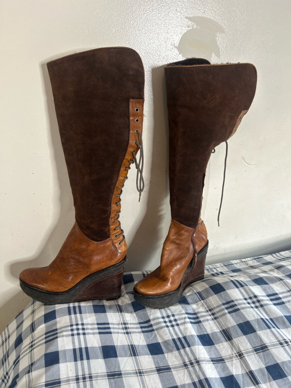 Women's Brown Two-Tone Leather & leather  lamb wedge boots